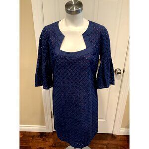 Trina Turk Navy Blue Eyelet Shift Dress W/ Dark Pink Lining, Size 8 (US)
